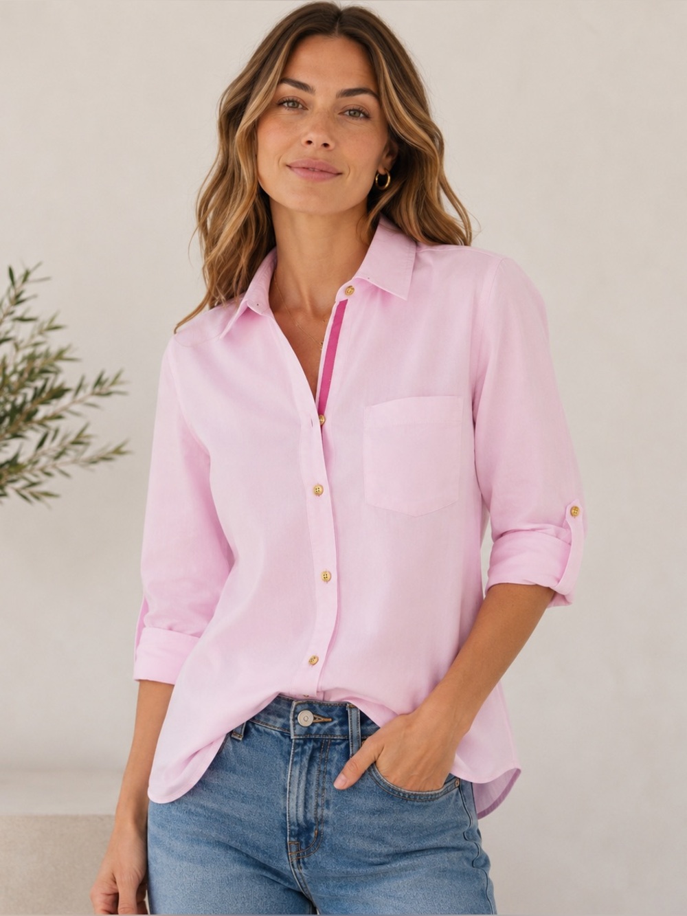 Jones New York Sport Pink 100% Cotton Button-Down Shirt Medium Petite 3/4 Sleeve